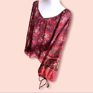 Chelsea & Theodore Burgendy Ground Mixed Floral/ Paisley / Dot Prints Blouse